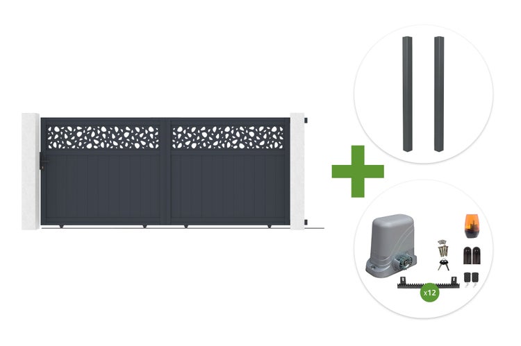 Doppelflügeltor mit dekorativem Muster, Torpfosten und elektrischem Torantrieb mit Zubehör.