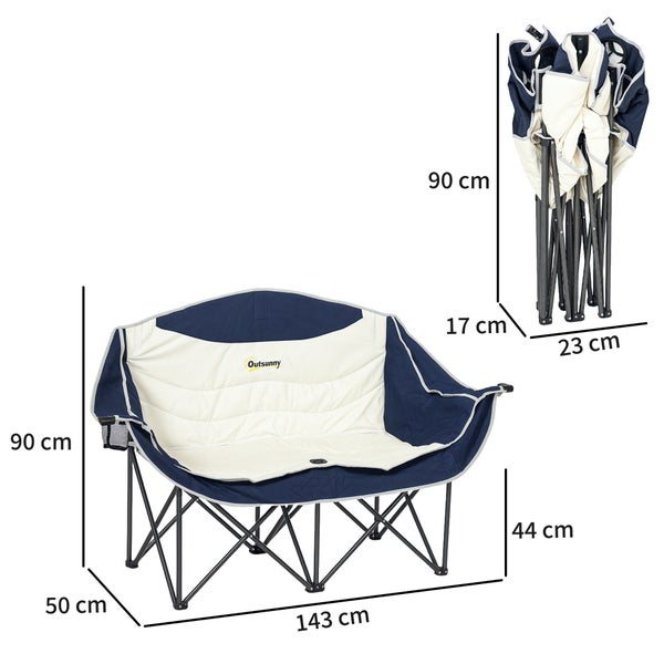 Ausklappbare Outsunny Campingdoppelbank mit Metallgestell, inklusive Maße für Aufbau und Klappzustand.