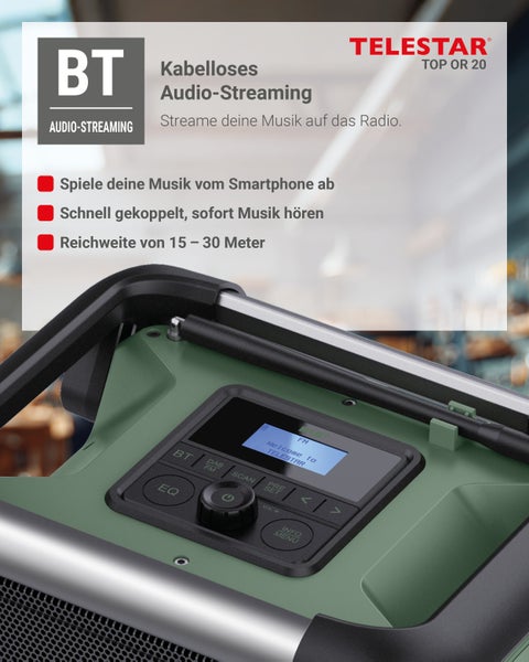 Telestar Top OR 20 Baustellenradio mit Bluetooth Audio Streaming Funktion und digitalem Display zur Musikwiedergabe.