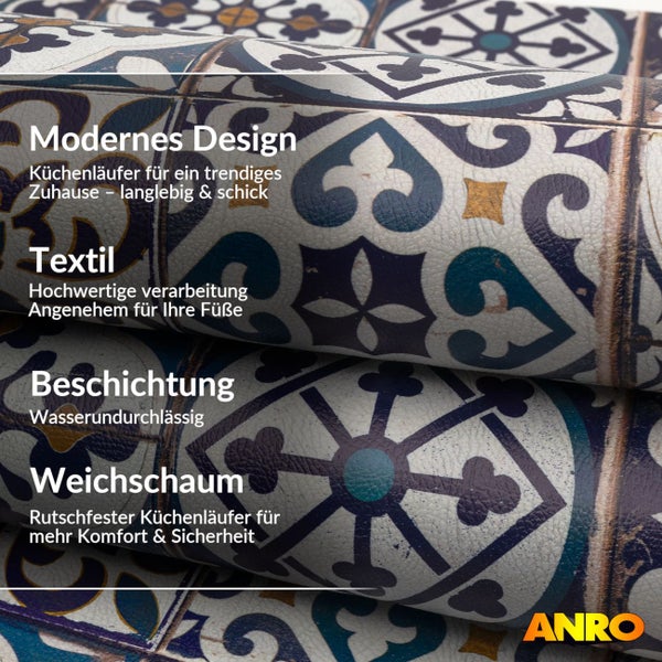 ANRO Küchenläufer aus Weichschaum mit Ornament-Muster, wasserundurchlässig und rutschfest. ANRO Logo.