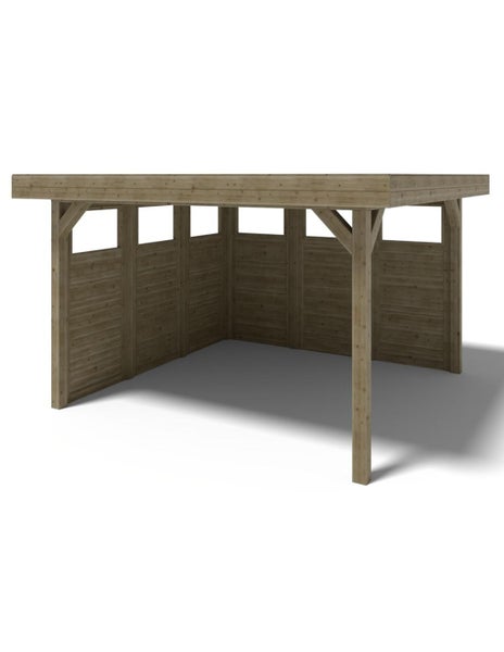 Ein moderner Holzunterstand mit Flachdach und seitlichen Wandelementen aus Holzlatten, ideal als Gartenhaus oder Unterstellplatz geeignet.