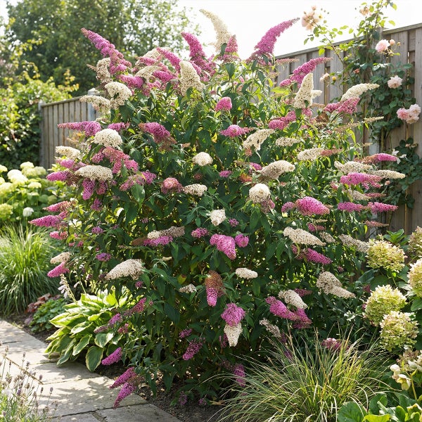 Buddleja davidii Sommerflieder mit rosa und weißen Blütenrispen im Garten vor einem Holzzaun.