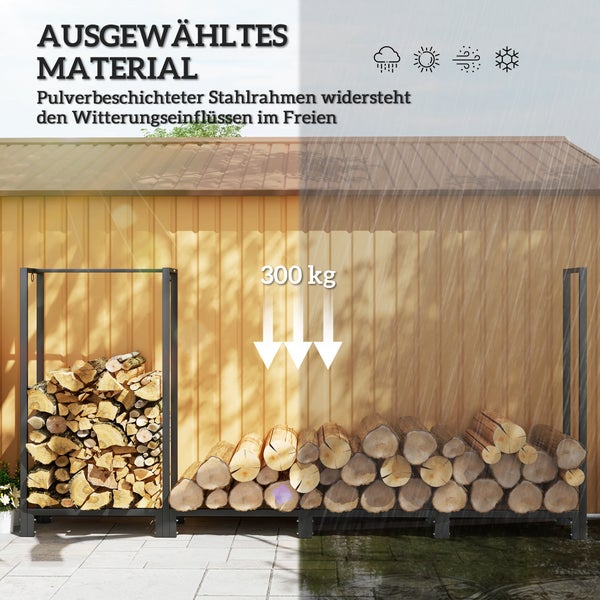 Outsunny Kaminholzregal, mit zwei Abschnitte, drei Haken, für Outdoor, Indoor, bis 300 kg, 240 x 32 x 115 cm, Stahl, Schwarz