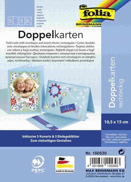 Folia Klappkarten/Doppelkarten für Einladungen, Glückwunsch- oder Grußkarten, 10,5x15cm, himmelblau, 5 Karten + Kuverts + Einlagen