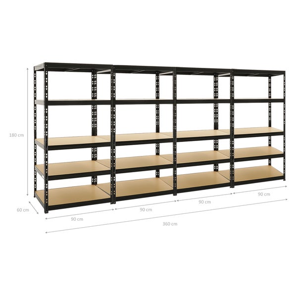 PROREGAL Mega Deal 4x Schwerlastregal Tiger HxBxT 180 x 90 x 60 cm Fachlast 265 kg 5-Ebenen Schwarz