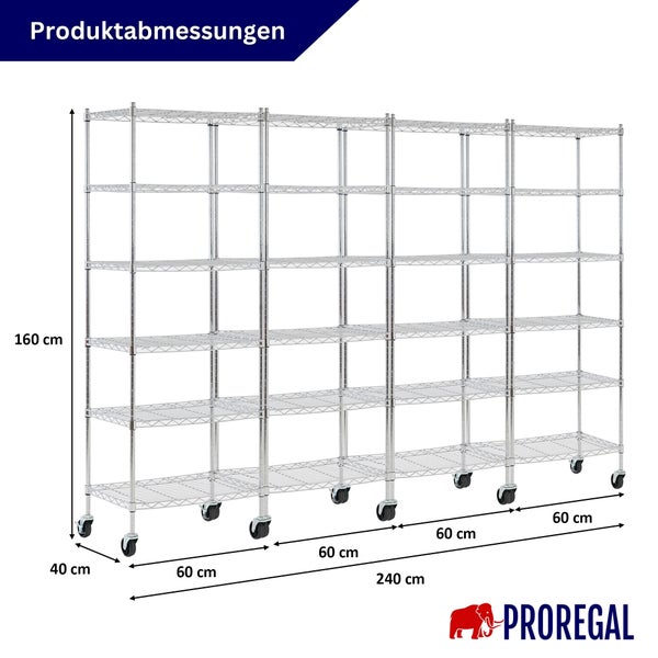 Abmessungen eines Proregal Drahtregals auf Rollen. Höhe 160 Zentimeter, Breite 240 Zentimeter, Tiefe 40 Zentimeter. Proregal Logo.