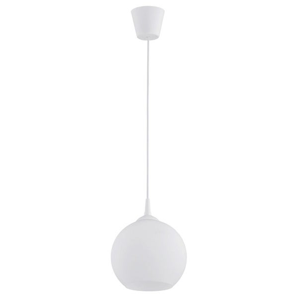 Moderne Hängeleuchte mit kugelförmigem Lampenschirm und Deckenbefestigung.