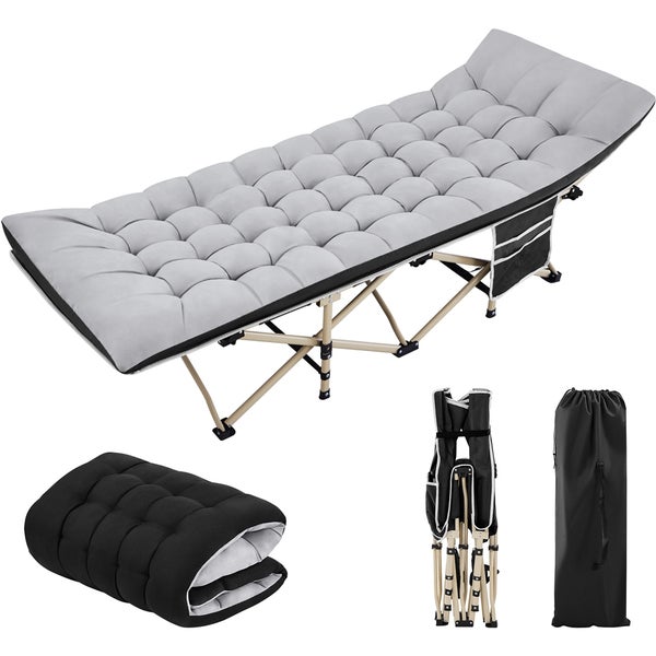 Klappbares Feldbett als Campingliege oder Gaestebett inklusive gesteppter Matratze, faltbarem Metallgestell, Seitentasche und Tragetasche.
