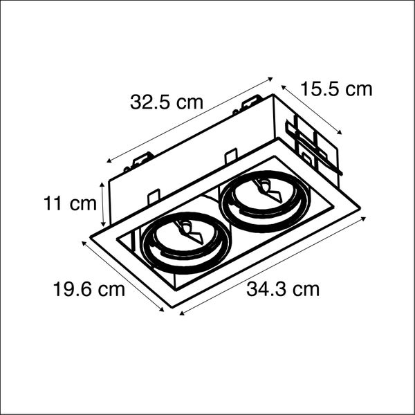 Maßskizze eines zweiflammigen Einbaustrahlers. Maße: 34,3 mal 19,6 Zentimeter, Einbauhöhe: 11 Zentimeter, Ausschnitt: 32,5 mal 15,5 Zentimeter.