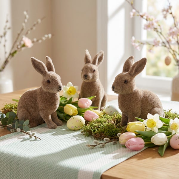 Drei beflockte Osterhasen-Figuren als Tischdekoration mit Tulpen, Narzissen und Ostereiern auf einem Läufer, frühlingshafte Atmosphäre.