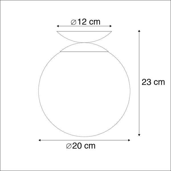 Technische Zeichnung einer Leuchte mit den Maßen 12 cm Durchmesser für die obere Abdeckung, 20 cm Durchmesser für den Leuchtenkörper und 23 cm Höhe.