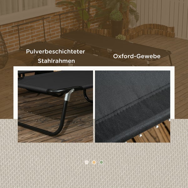Details einer Gartenliege mit pulverbeschichtetem Stahlrahmen und schwarzem Oxford-Gewebe auf einer Holzterrasse.