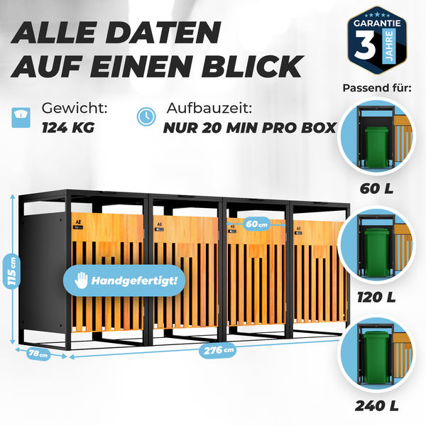 ALL Premium Mülltonnenbox 4er – Abschließbar, wetterfest & edle Holzoptik, für Garten, Hof & Straße, beliebig erweiterbar, legierter Stahl robust & langlebig