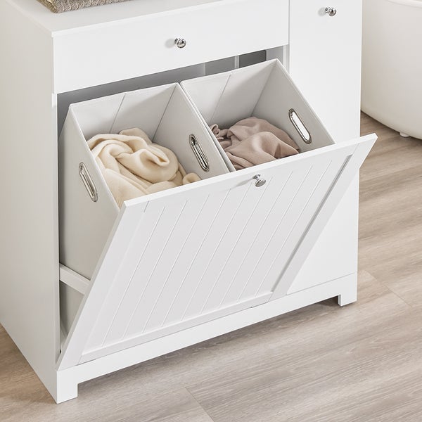 Weißer Wäschesortierer mit zwei herausnehmbaren Körben zur Wäscheaufbewahrung
