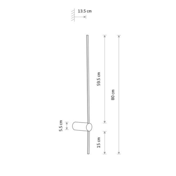 Maßskizze einer Leuchte mit Wandabstand von 13.5 Zentimetern, einer Gesamthöhe von 80 Zentimetern und einem Leuchtenelement von 5.5 Zentimetern.