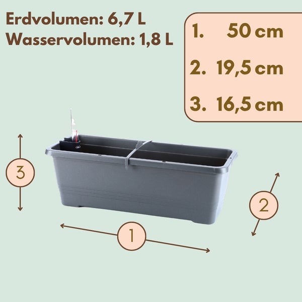Grauer Blumenkasten mit Maßangaben zu Erdvolumen, Wasservolumen und Abmessungen