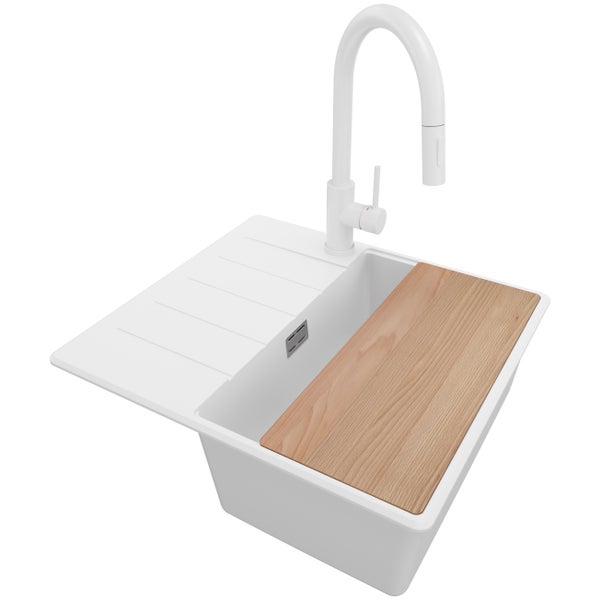 PRIMAGRAN Granitspüle Weiß 55x50cm, Spülbecken 1 Becken + Küchenarmatur 40x20cm + Ablauf-Set + Schneidebrett, Küchenspüle ab 40er Unterschrank - Kopenhagen