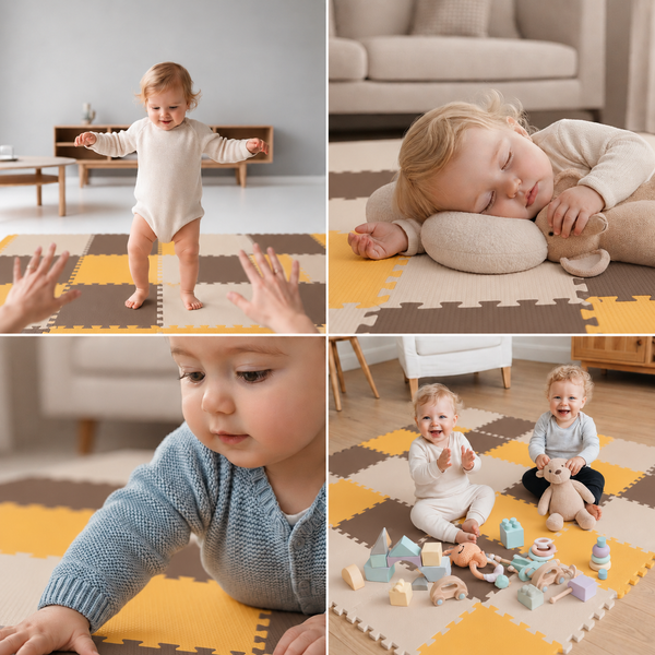 Ein Baby auf einer quadratischen Puzzlematte aus Schaumstoff mit Spielzeug, welches beim Spielen, Laufen und Schlafen gezeigt wird.