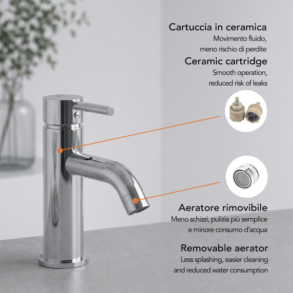 Waschtischarmatur mit Keramikkartusche für einen reibungslosen Betrieb und einem abnehmbaren Strahlregler zur Reduzierung von Wasserspritzern.