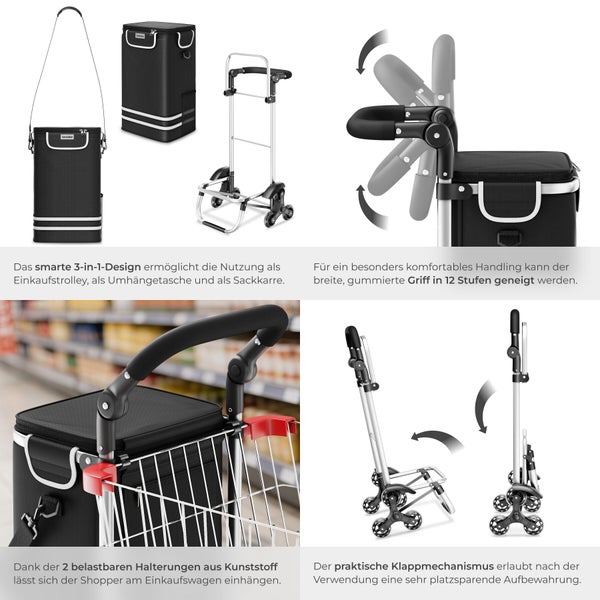 Mehrfachansicht des Tectake 3-in-1 Einkaufstrolleys, der als Einkaufstrolley, Umhängetasche und Sackkarre verwendet werden kann. Er verfügt über einen verstellbaren Griff und einen Klappmechanismus zur platzsparenden Aufbewahrung.