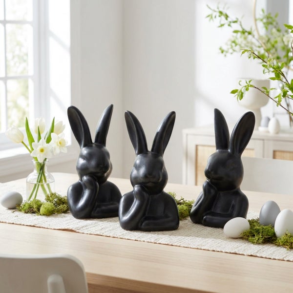 Drei Osterhasen Figuren als Tischdekoration aus Keramik mit Moos, Eiern und Blumen in einem hellen Wohnraum.