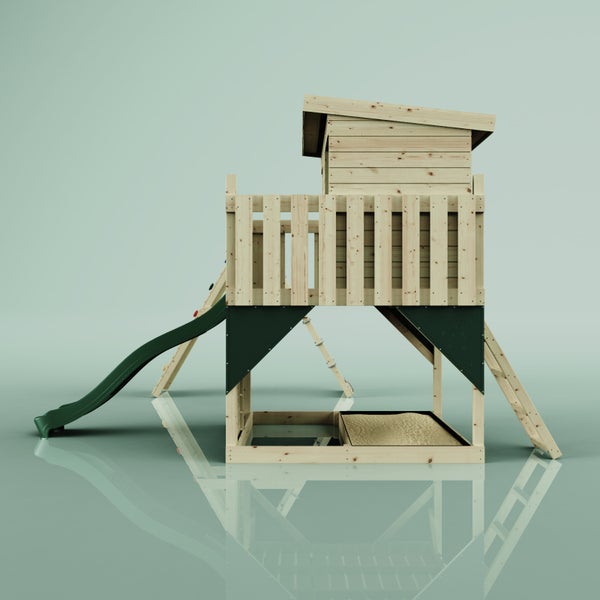 Vogelperspektive eines Spielturms aus Holz mit Rutsche, zwei Schaukeln, Kletterwand und Kletternetz.