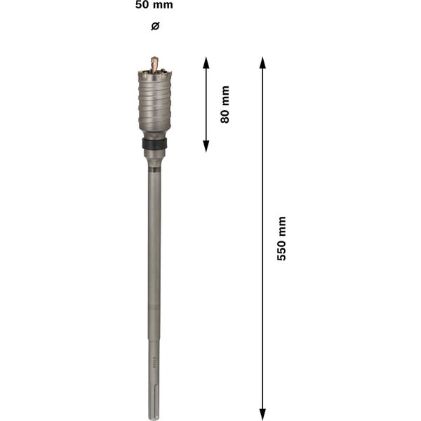 Bohrkronenaufnahme mit den Maßen 50 Millimeter Durchmesser, 80 Millimeter Länge und 550 Millimeter Gesamtlänge.