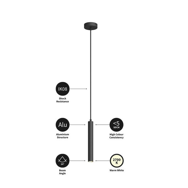 Schlanke zylindrische Pendelleuchte aus Aluminium mit Symbolen für Stoßfestigkeit, Abstrahlwinkel von 24 Grad und warmweißes Licht.