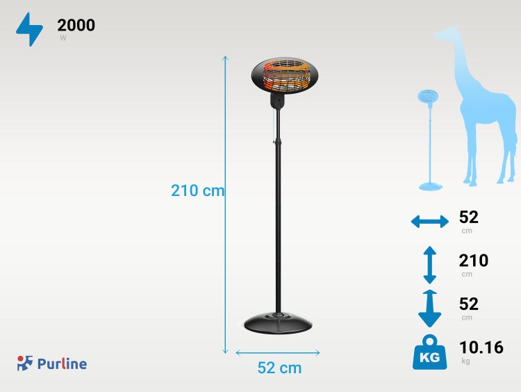 Purline Heizstrahler mit den Maßen 52 x 210 x 52 Zentimeter, 2000 Watt und einem Gewicht von 10,16 Kilogramm.