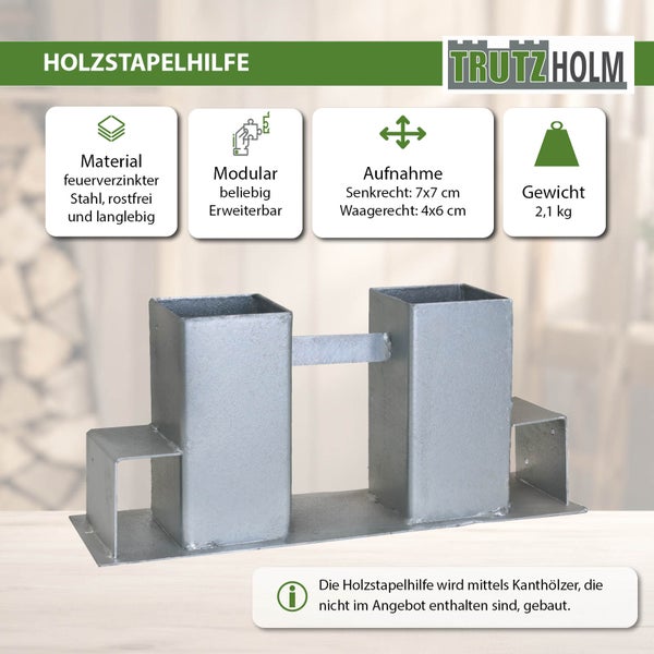 Trutzholm Holzstapelhilfe aus feuerverzinktem Stahl mit zwei Aufnahmen für Kanthölzer zur flexiblen Brennholzlagerung.
