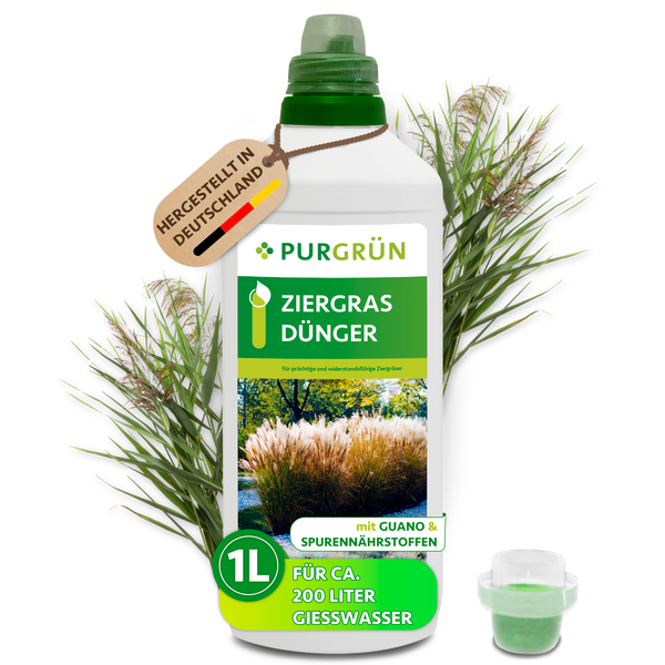 Purgrün Ziergrasdünger, 1 Liter Flasche, hergestellt in Deutschland, mit Guano und Spurennährstoffen, für circa 200 Liter Gießwasser.