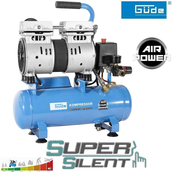 Güde Kompressor Super Silent 105/8/6 mit blauem Druckluftbehälter und geräuscharmem Motor.