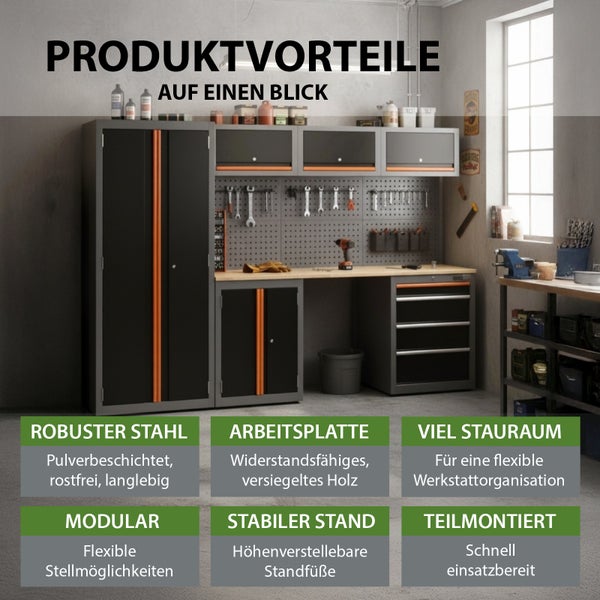 Werkstatteinrichtung mit Werkzeugschrank, Hängeschrank, Werkbank mit Lochwand und Schubladen