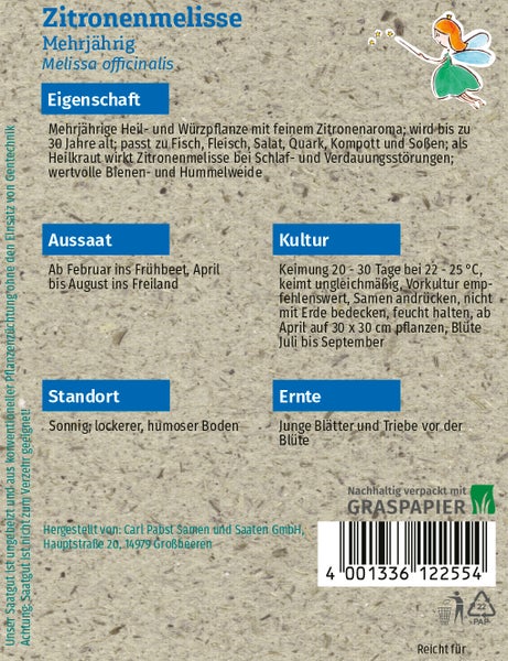 Rückseite der Samentüte für Zitronenmelisse mit Informationen zu Aussaat, Kultur, Standort und Ernte. Graspapier Logo vorhanden.