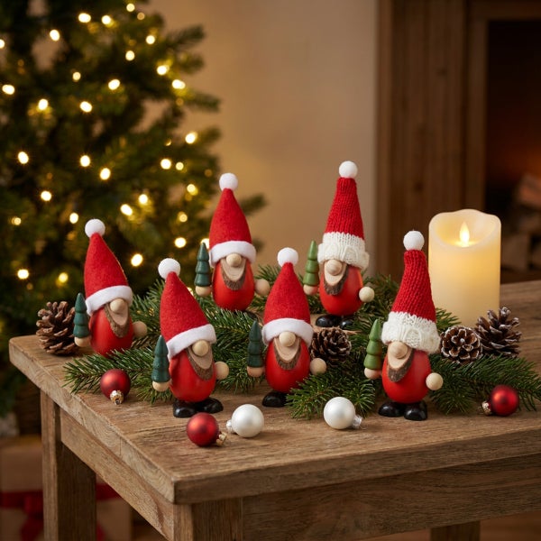 Fünf dekorative Weihnachtswichtel aus Holz mit Mützen auf einem Tisch mit Tannenzweigen, Kiefernzapfen, Christbaumkugeln und einer LED Kerze.
