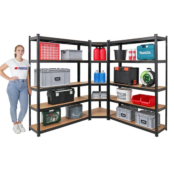 PROREGAL Mega Deal 1 x Eckregal & 2x Schwerlastregal Ragnar HxBxT 180 x 190 x 40 cm Fachlast 175 kg Schwarz Kellerregal Steckregal Garagenregal