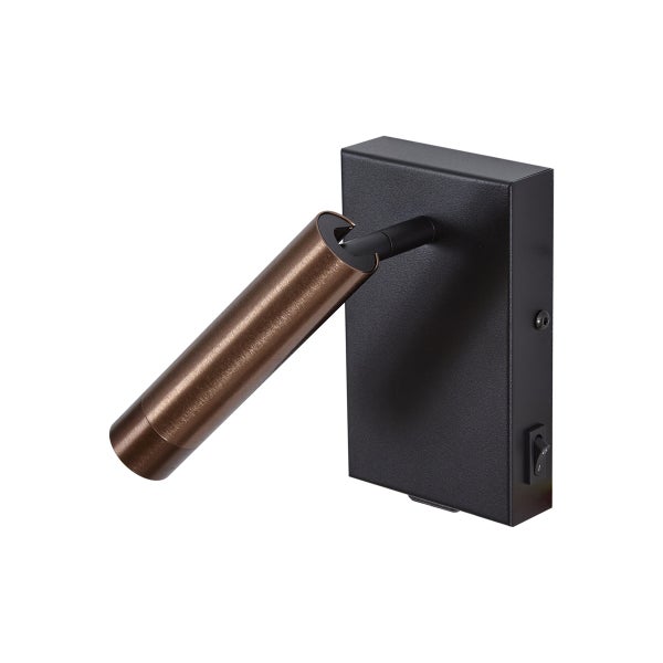 Verstellbarer LED-Wandspot mit schwarzer rechteckiger Basis, bronzefarbenem zylindrischem Leuchtenkopf und seitlichem Wippschalter.