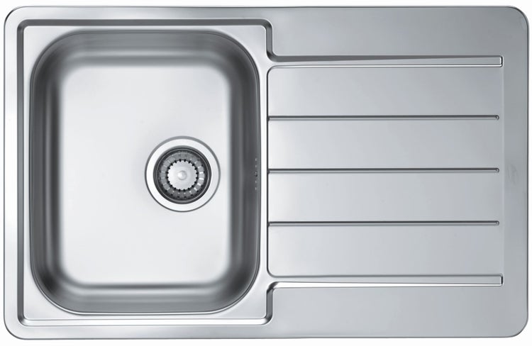 Einbau-Küchenspüle aus Edelstahl mit einem Spülbecken und Abtropffläche, Draufsicht.