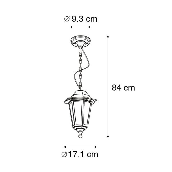 Skizze einer Hängeleuchte mit Maßen: Gesamthöhe 84 Zentimeter, Durchmesser 17,1 Zentimeter und Baldachin-Durchmesser 9,3 Zentimeter.
