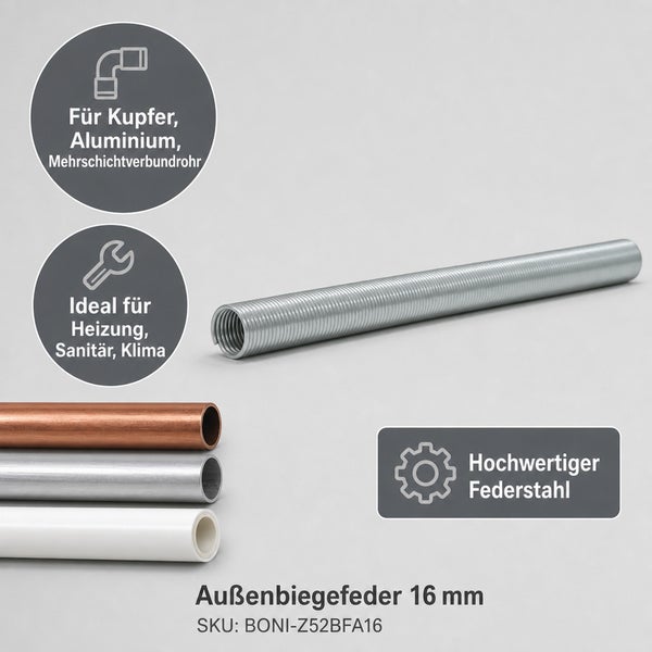 Außenbiegefeder 16 Millimeter aus Federstahl für Kupfer-, Aluminium- und Mehrschichtverbundrohre in Heizungs-, Sanitär- und Klimaanlagen.