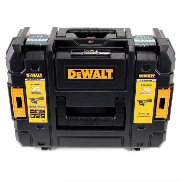 DeWALT TSTAK II Werkzeugkoffer für Winkelschleifer DCG405NT aus robustem Kunststoff mit Tragegriff und Metallschließen.