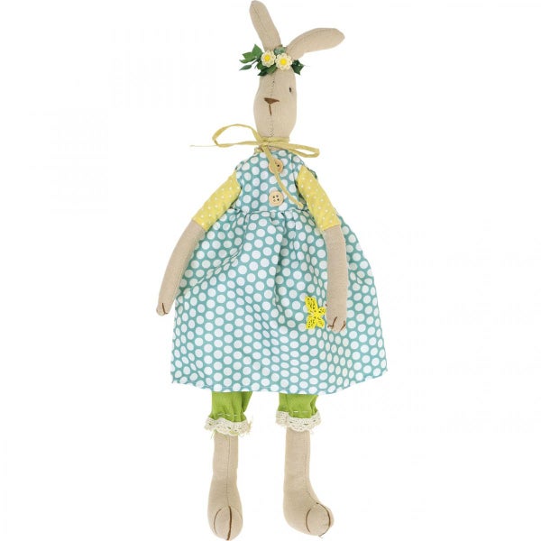 Dekorative Hasenpuppe mit Blumenkranz, gepunktetem Kleid und Knöpfen