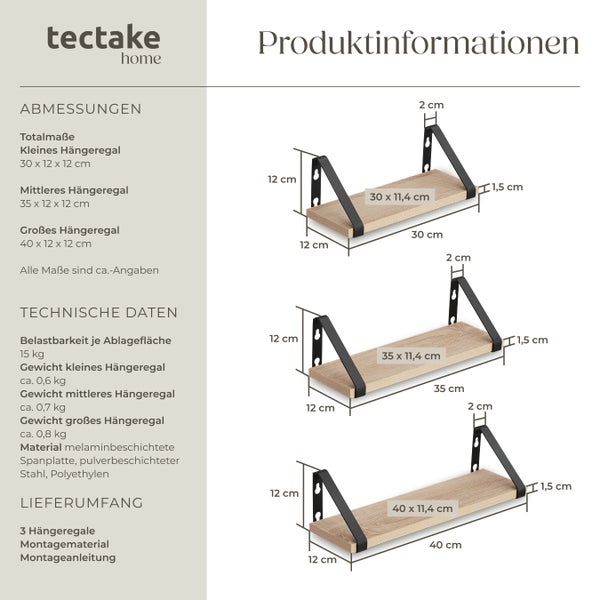 3er Set Wandregal tectake Cowell Höhe 12 cm Industrial Style Industrial Holz hell, Eiche Sonoma