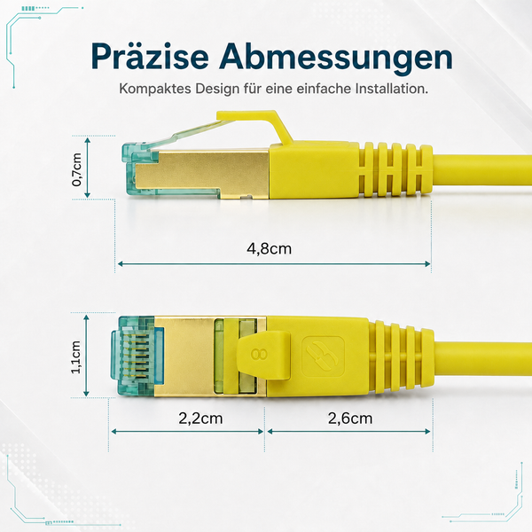 Abmessungen RJ45-Stecker: Höhe 0,7 Zentimeter, Länge 4,8 Zentimeter, Breite 1,1 Zentimeter, Stecker 2,2 Zentimeter, Tülle 2,6 Zentimeter.