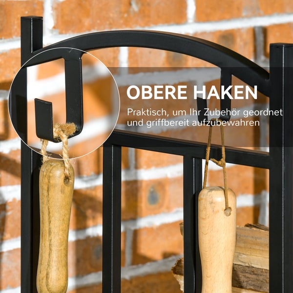 Detailansicht des oberen Hakens eines Kaminholzregals, zum Aufbewahren von Kaminbesteck
