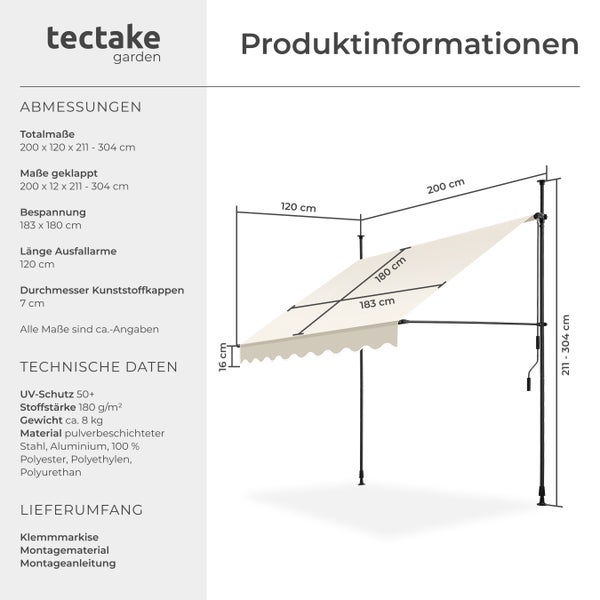 Klemmmarkise tectake  einfache Montage mit Handkurbel beige