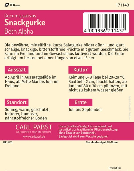 Rückseite der Saatgutpackung für Snackgurke Beth Alpha von Carl Pabst mit Anbauanleitungen zu Aussaat, Kultur, Standort und Ernte.