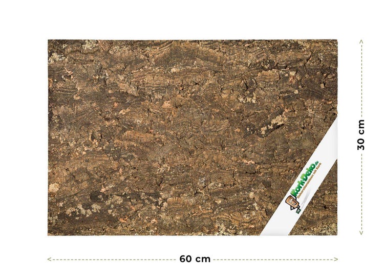Naturkork-Platte mit strukturierter Rinde für Terrarien, 60 mal 30 Zentimeter, Kork-Deko.de Logo.