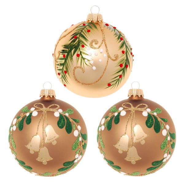 Cappuccinofarbig matt 8cm Glaskugelsortiment, mundgeblasen, handbemalt , 3 Stck., Weihnachtsbaumkugeln, Christbaumschmuck, Weihnachtsbaumanhänger