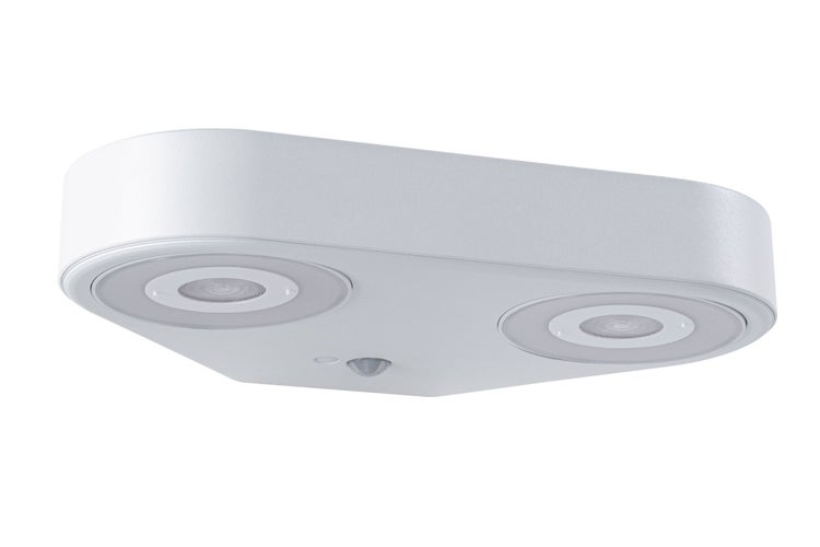 LED-Außenleuchte mit zwei Lichtquellen und integriertem Bewegungsmelder, flaches Design für Wand- oder Deckenmontage.